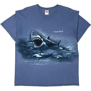 Gildan Virginia Beach Shark Graphic T-Shirt Mens XL Blue Double Sided Cotton